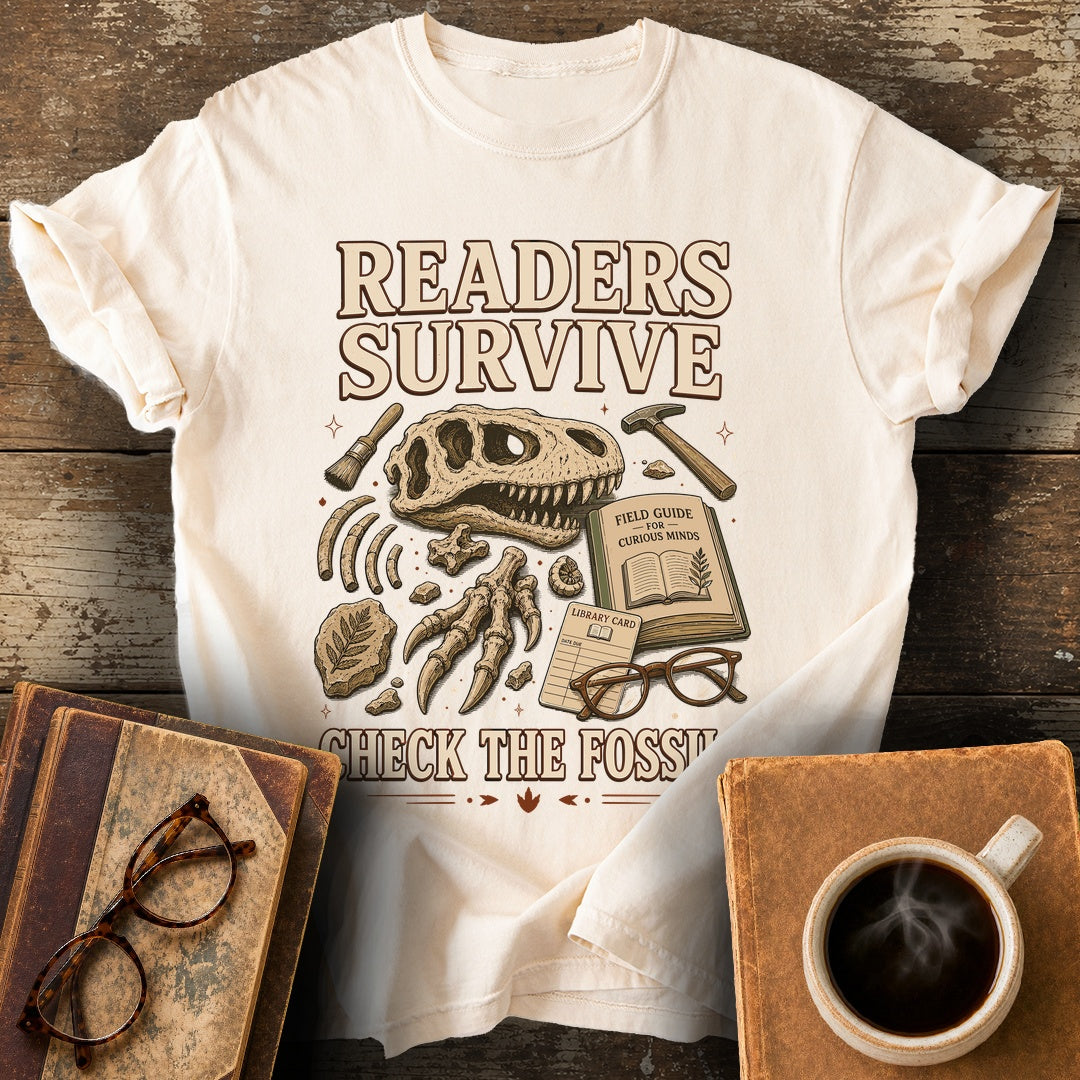 Readers Survive Check the Fossils Tee - ivory shirt mockup